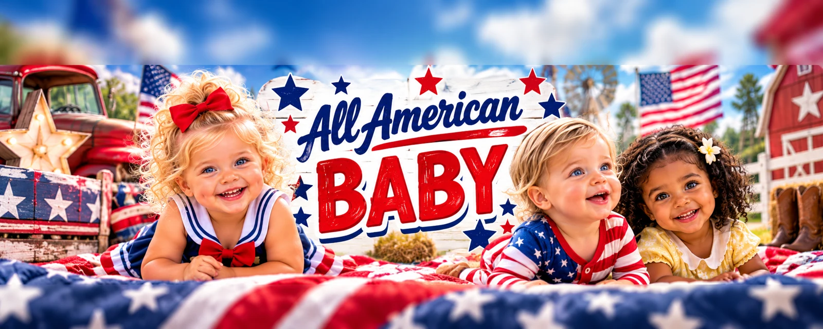 Official All American Baby banner featuring three smiling little ones and vintage Americana artwork